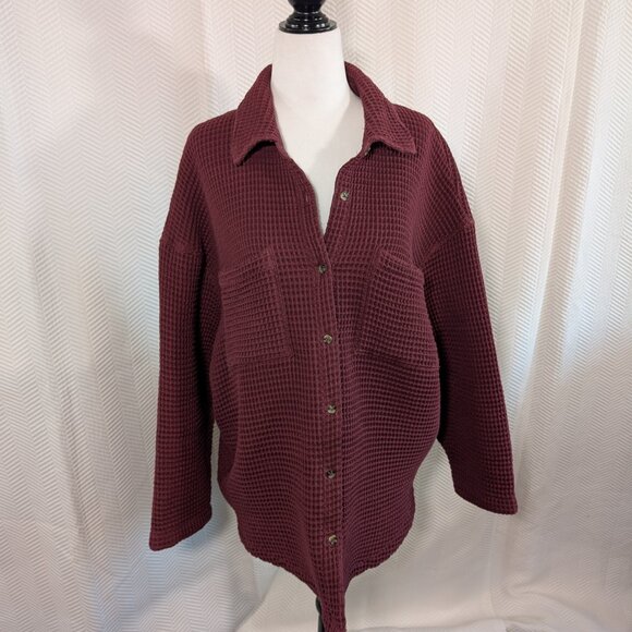 PAPER LABEL Oversized Waffle Button Down Shirt Burgundy Cotton Size Large - Picture 3 of 13